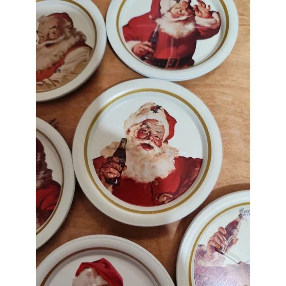 6 vintage Coca Cola  Santa drink coasters metal